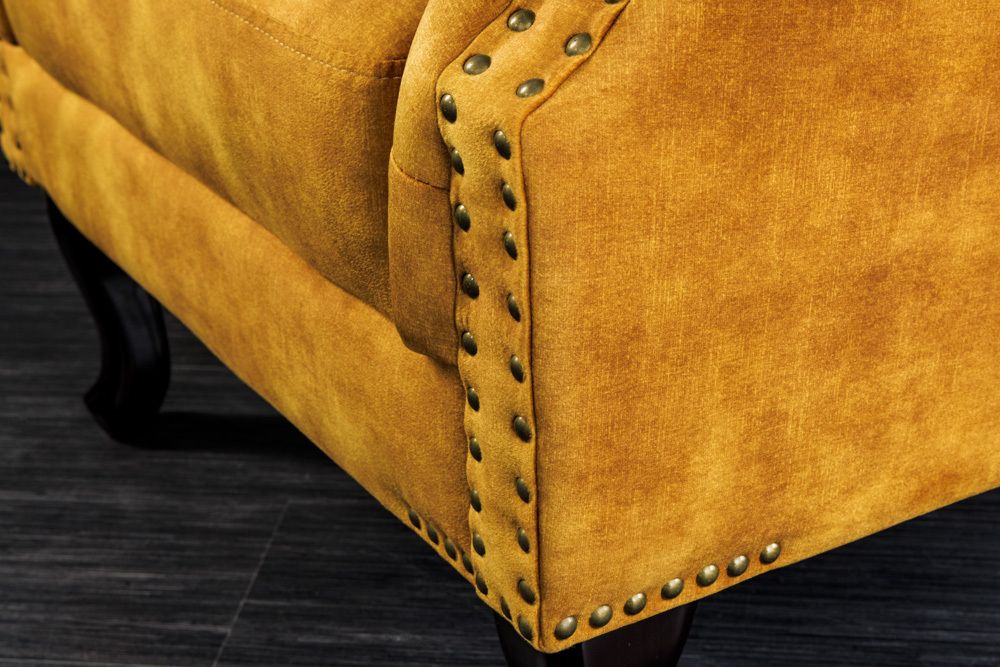 Design Ohrensessel CHESTERFIELD 85cm senfgelb Samt Knopfheftung
