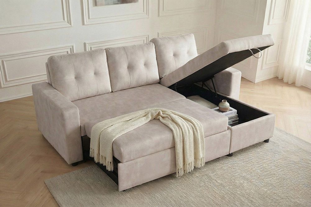 Ecksofa mit Schlaffunktion APARTMENT beidseitig aufbaubar champagner beige Samt inkl. Stauraum