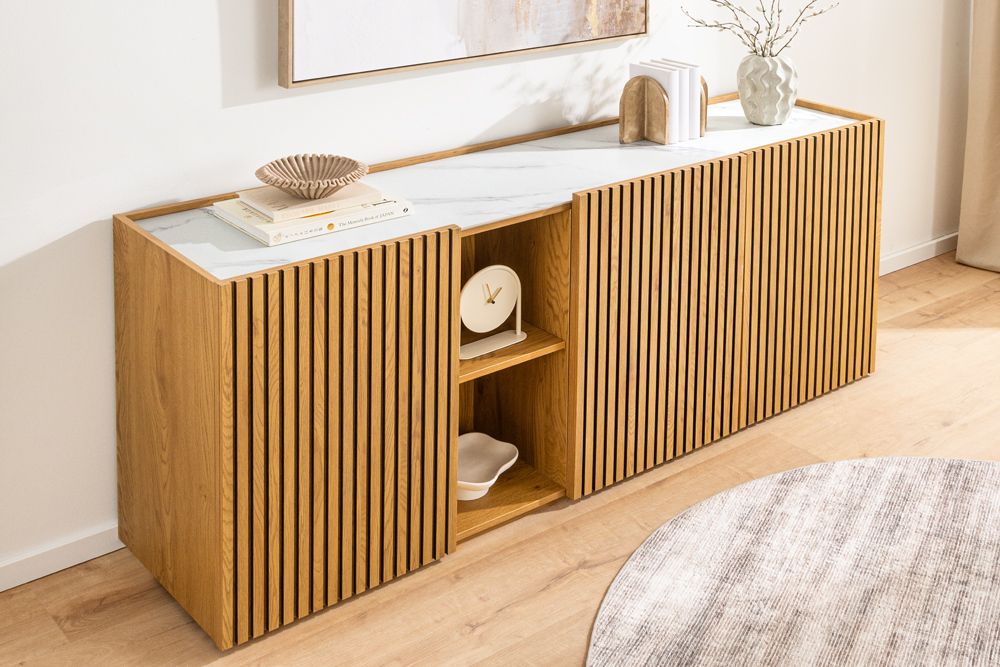 Design Sideboard VICENZA 180cm weiß Keramik natur Eiche Lamellenfront