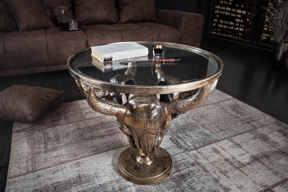 Extravaganter Couchtisch MATADOR 56cm bronze Stierkopf mit Glasplatte