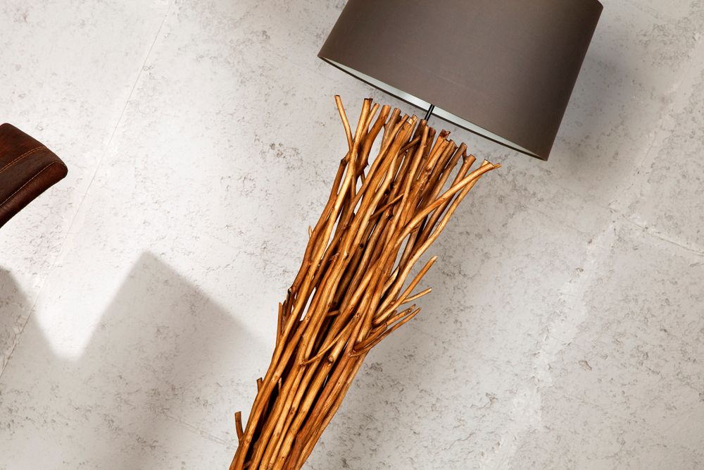 Design Treibholz Stehlampe EUPHORIA 180cm grau mit Leinenschirm