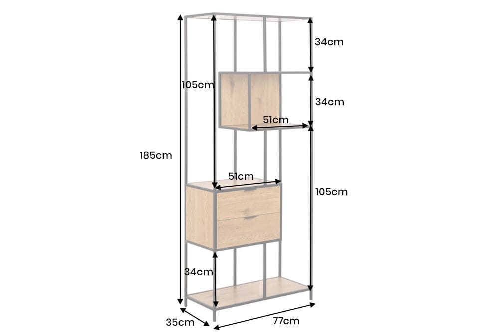 Industrial Bücherregal SLIM LINE 185cm Wildeiche schwarz Metall mit Schubladen