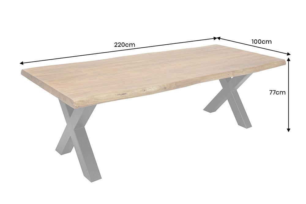 Massivholz Esstisch MAMMUT 220cm natur Akazie X-Gestell schwarz Metall Baumkante