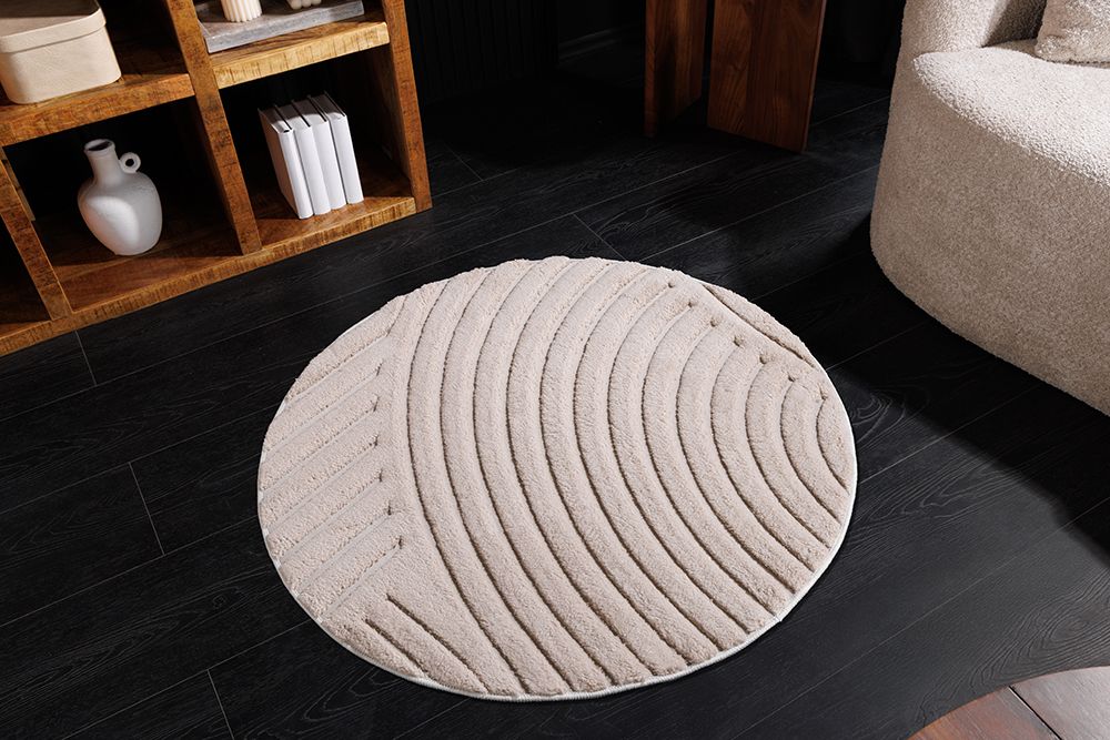 Runder 3D strukturierter Kurzflor Teppich ART DECO 80cm beige creme Hoch-Tief-Effekt