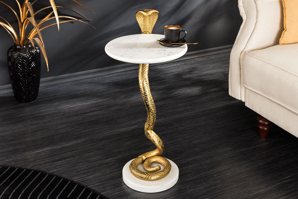 Runder Beistelltisch WILDLIFE COBRA 65cm gold weiß Marmor Schlangen-Skulptur handmade