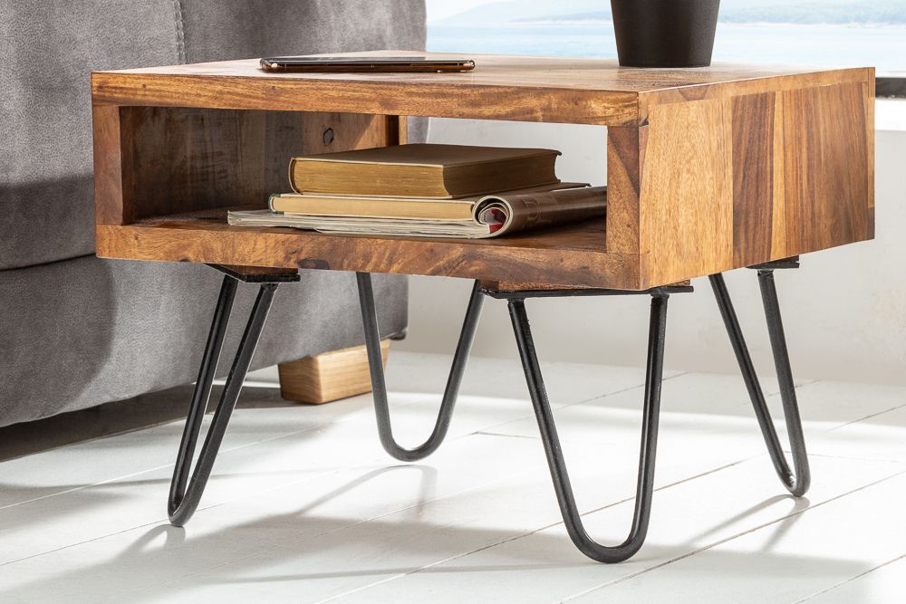 Massivholz Beistelltisch SCORPION 45cm braun Sheesham stone finish Hairpin Legs Stauraum