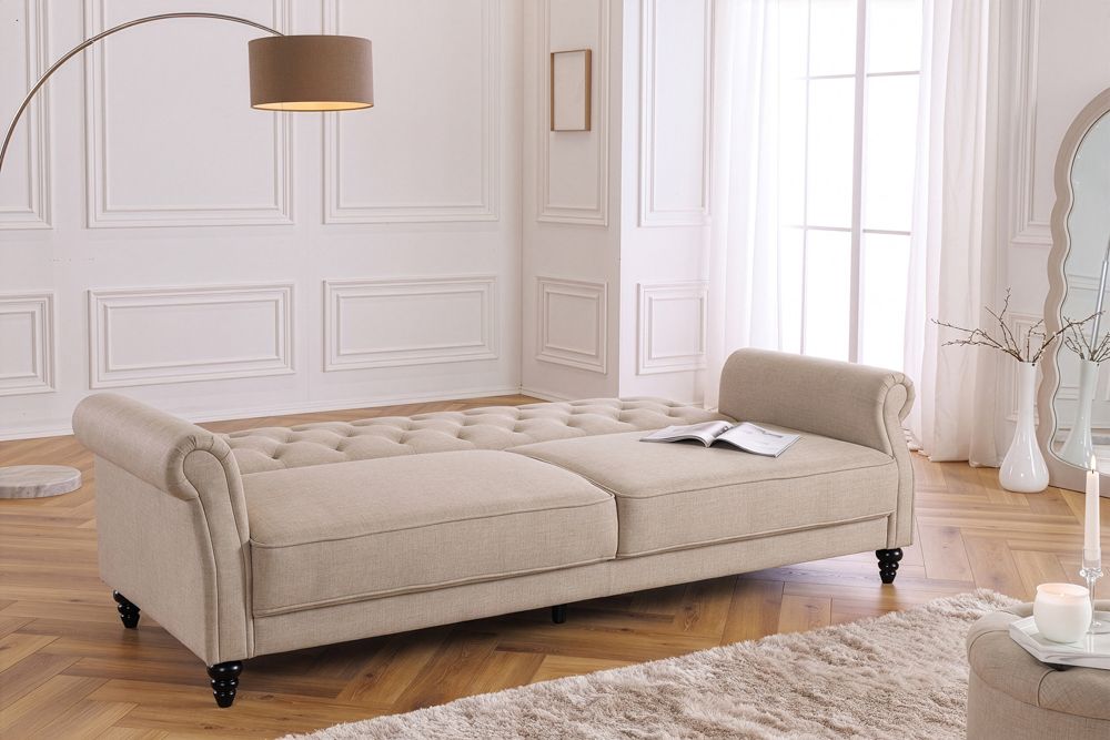 Schlafsofa MAISON BELLE AFFAIRE 220cm champagner beige Vogue Seiden Samtstoff 3-Sitzer