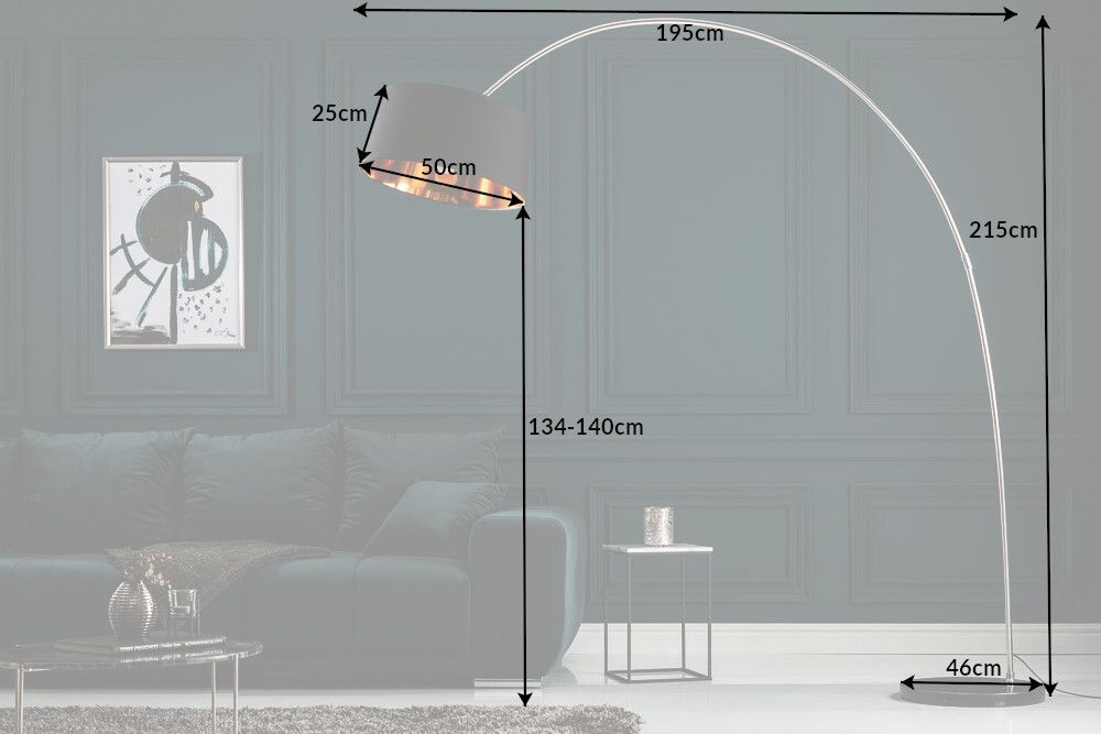 Design Bogenlampe FORMA 215cm schwarz gold Stehlampe mit Marmorfuß
