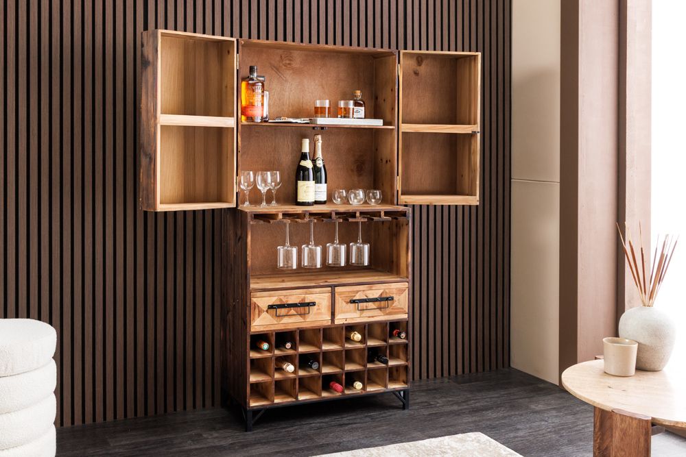 Design Barschrank BODEGA 160cm natur Pinienholz Weinregal Glashalter Schubladen