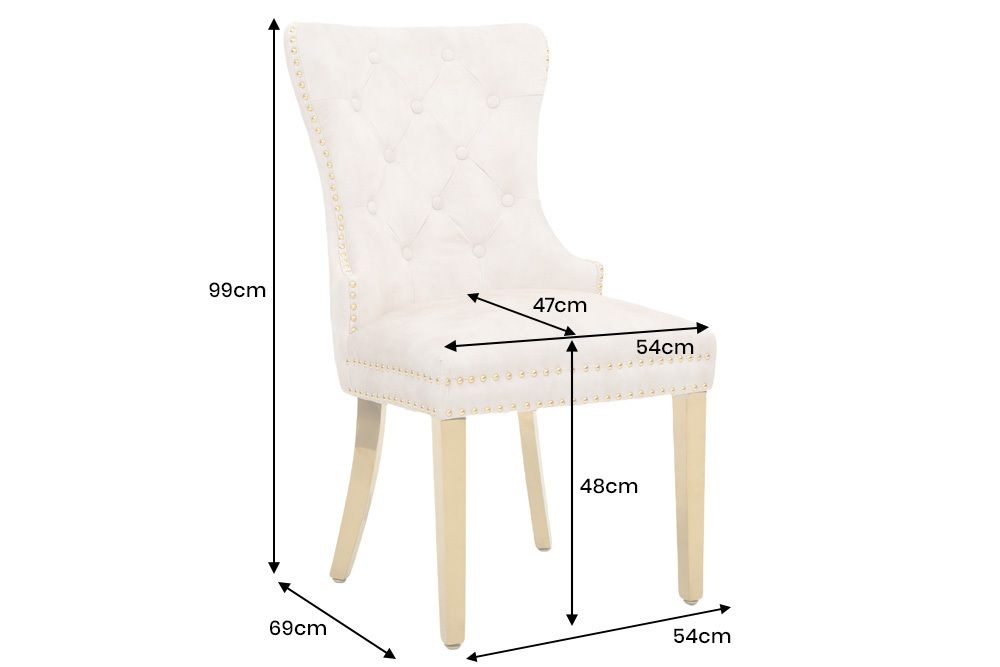 Barock Stuhl CASTLE DELUXE beige Samt gold Edelstahl mit Löwenkopf Ziernieten