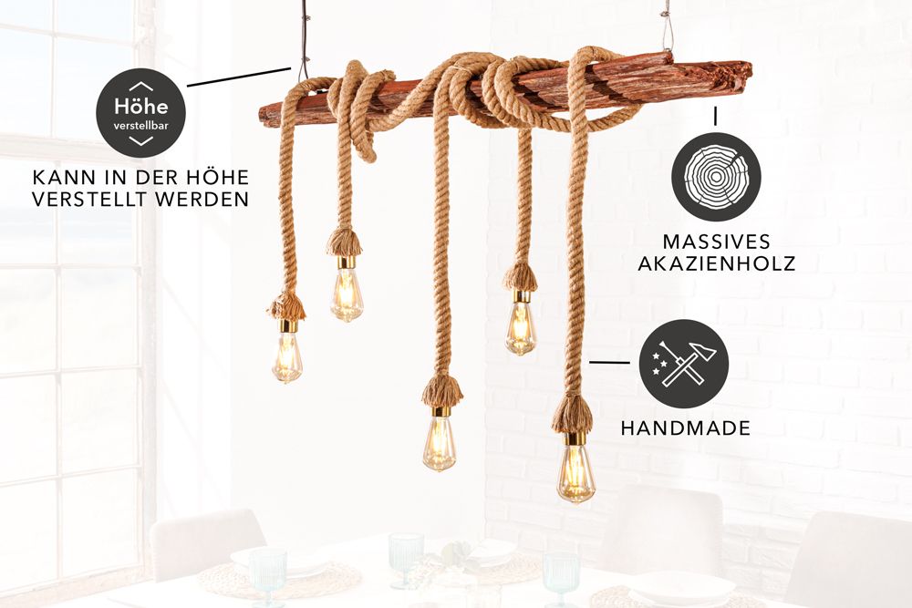 Maritime Hängeleuchte SEVEN SEAS 110cm Massivholz Seil Deckenlampe 5 Leuchten