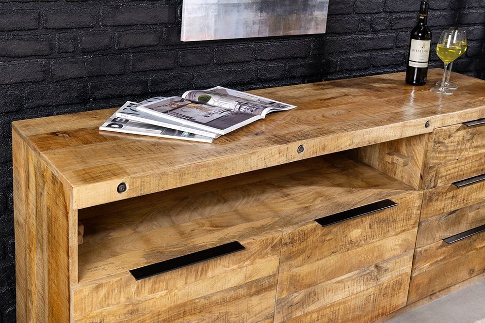Massives Sideboard IRON CRAFT 175cm natur Mangoholz mit Schubladen Weinregal