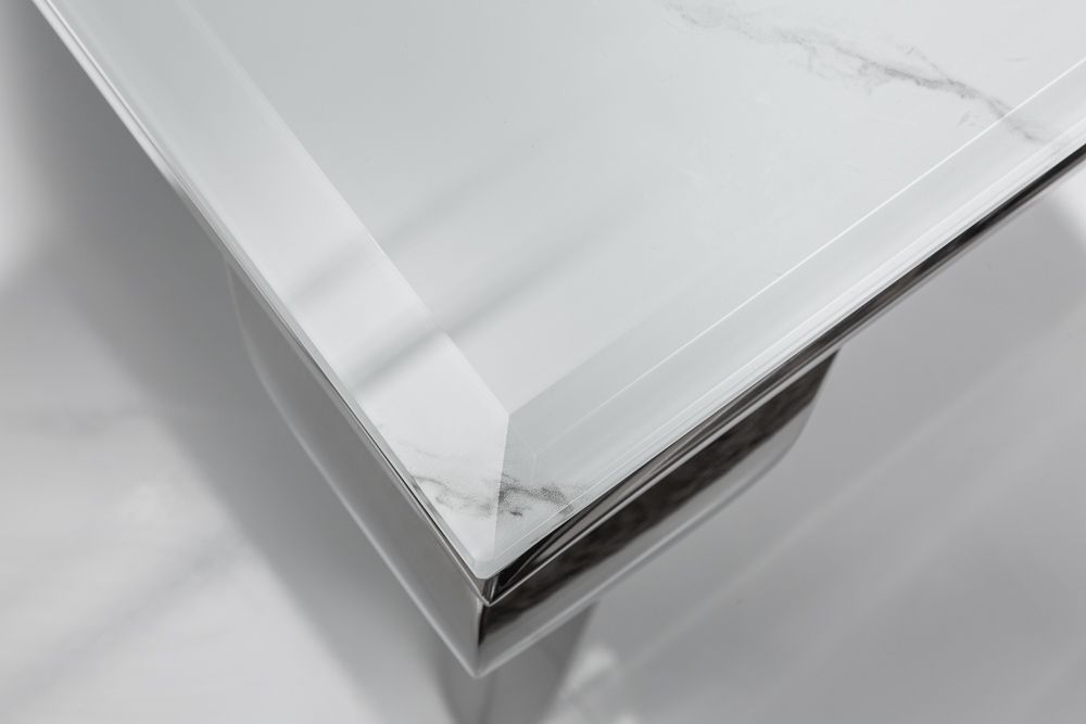 Eleganter Couchtisch MODERN BAROCK 100cm Glasplatte in Marmoroptik Edelstahlbeine