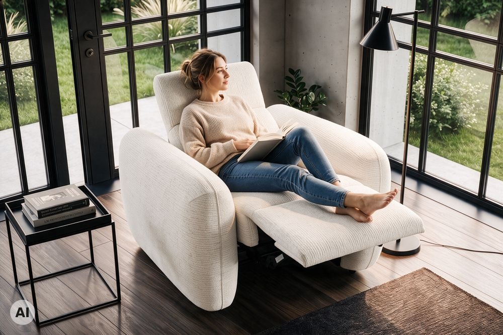 Sessel MILANO 110cm beige Bouclé Tweed Soft elektrisch verstellbare Fuß- und Kopfstütze
