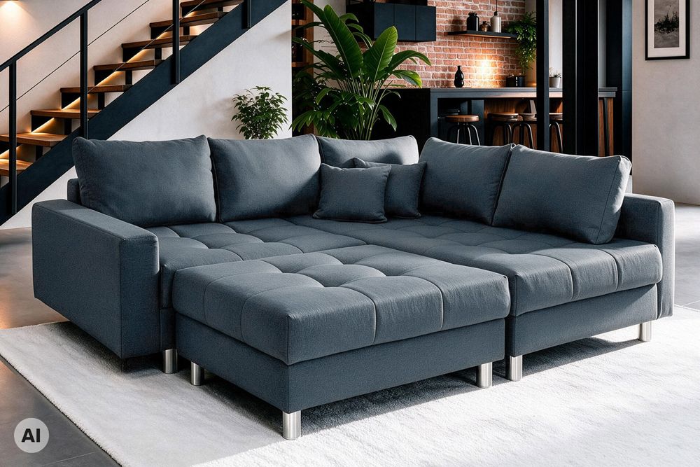 Moderne Wohnlandschaft KENT 220cm anthrazit Ecksofa Federkern inkl. Hocker und Kissen