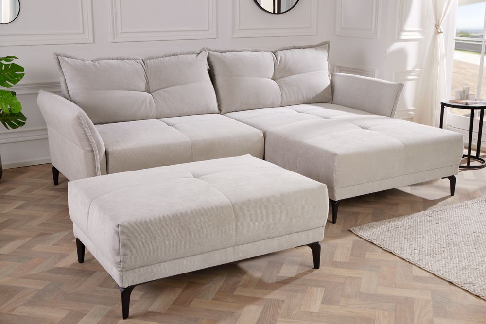 Modernes Ecksofa DESIGNO 250cm champagner beige Cord Couch inklusive Kissen Metallfüße