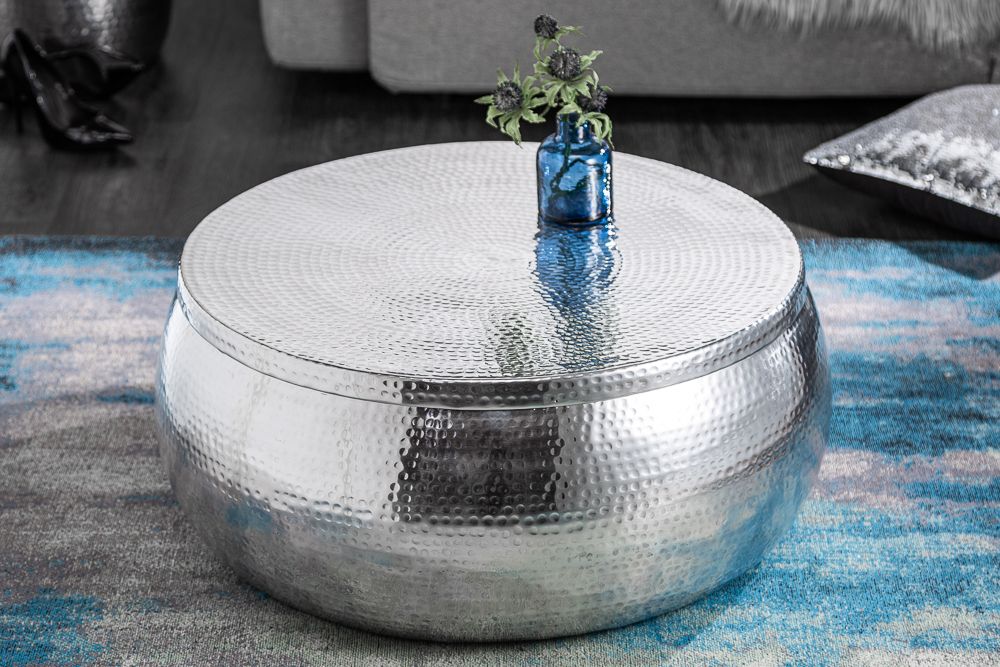 Runder Couchtisch ORIENT STORAGE 70cm silber Metall mit Stauraum Hammerschlag Design handmade