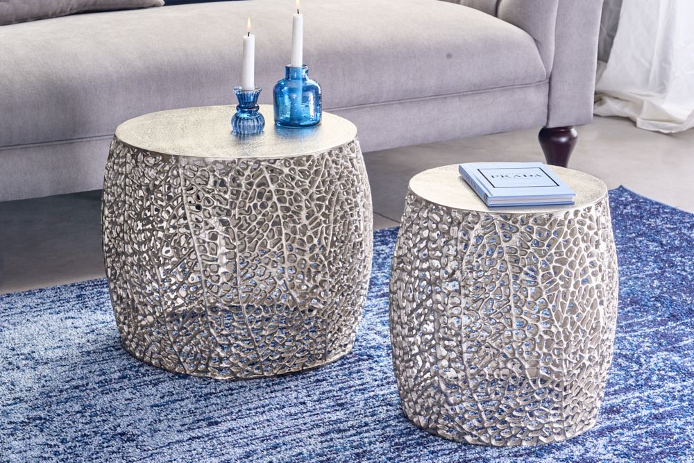 2er Set filigraner Design Couchtisch ABSTRACT LEAF antik silber Handarbeit rund