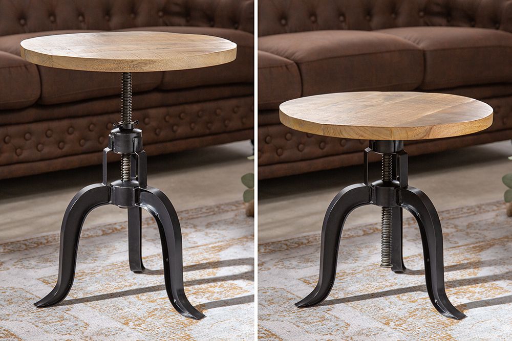 Höhenverstellbarer Beistelltisch ENGINEER 50cm Mangoholz Industrial Design massiv rund Eisen