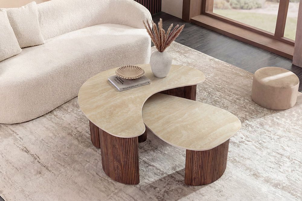 2er Set Couchtische OSAKA 120cm champagner greige Travertin Keramik Walnuss