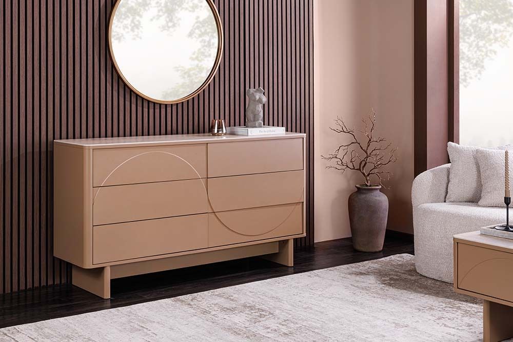 Design Sideboard SAVOY 150cm grau beige greige Keramik Travertin mit sechs Schubladen