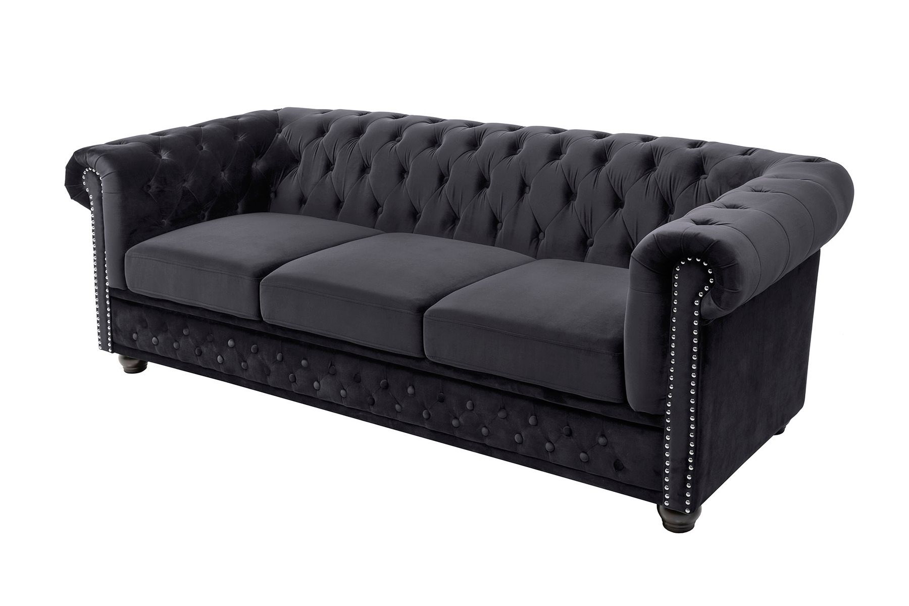 Barock Sofa CHESTERFIELD 205cm schwarz Samt Federkern Knopfheftung 3-Sitzer Couch