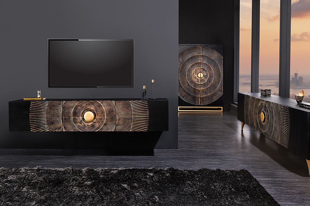 Handgearbeiteter Barschrank GOLDEN SUNSET 140cm schwarz gold Mangoholz massiv