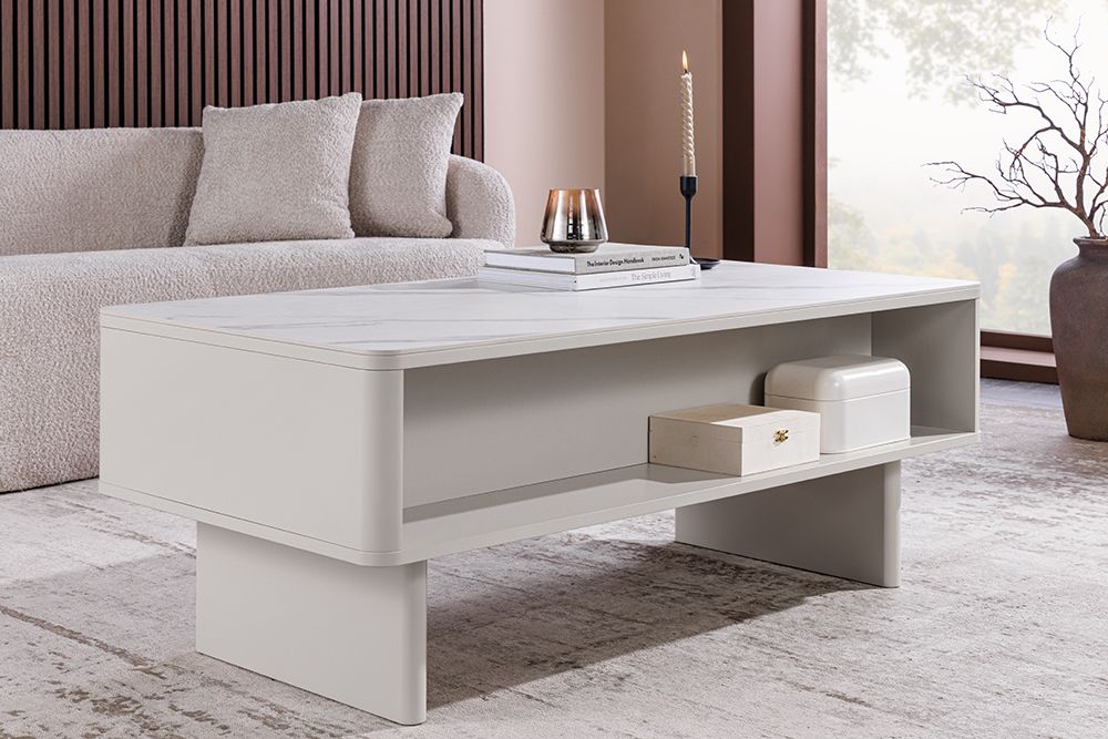 Design Couchtisch SAVOY 120cm kaschmir weiß Keramik Marmor mit Schubladen