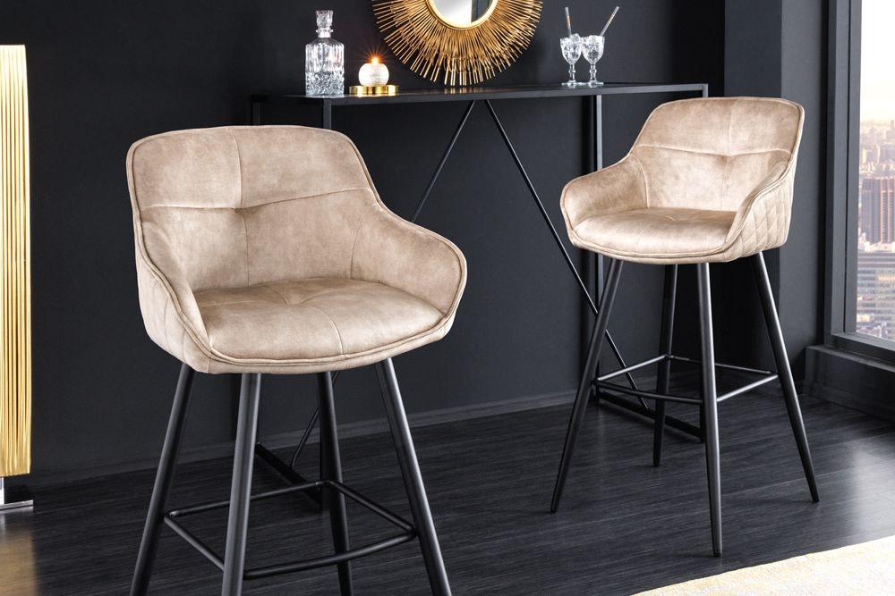 Design Barhocker EUPHORIA champagner greige Samt schwarze Metallbeine Barstuhl mit Lehne