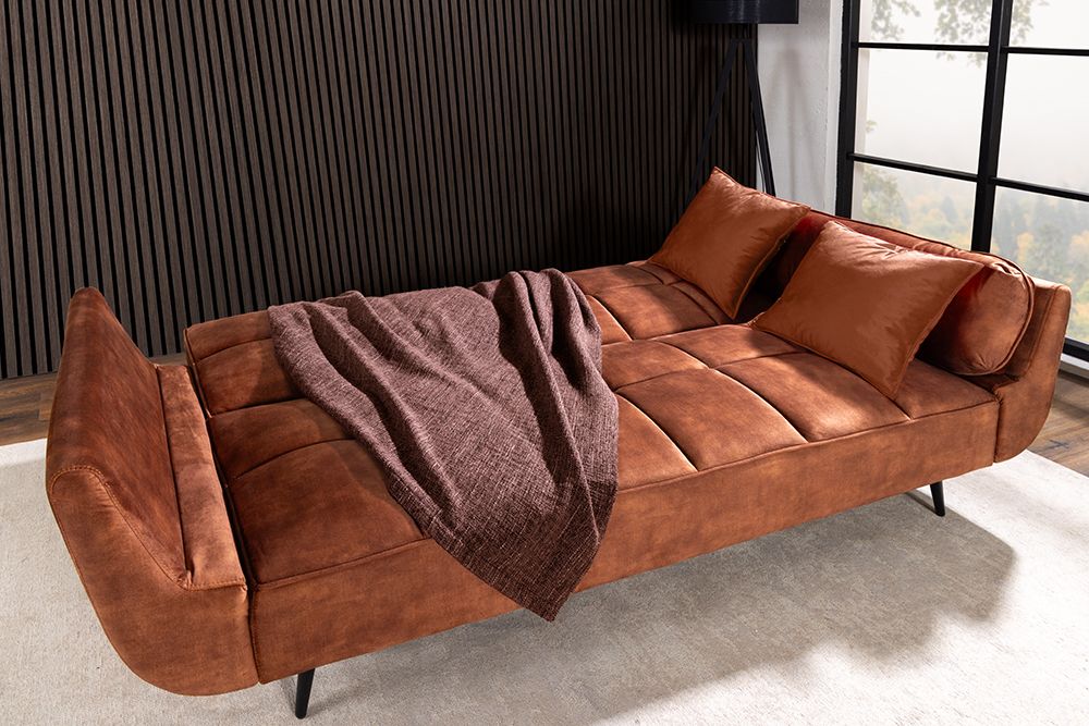 Schlafsofa BOUTIQUE 215cm rostbraun Samt 3-Sitzer mit mattschwarzen Füßen