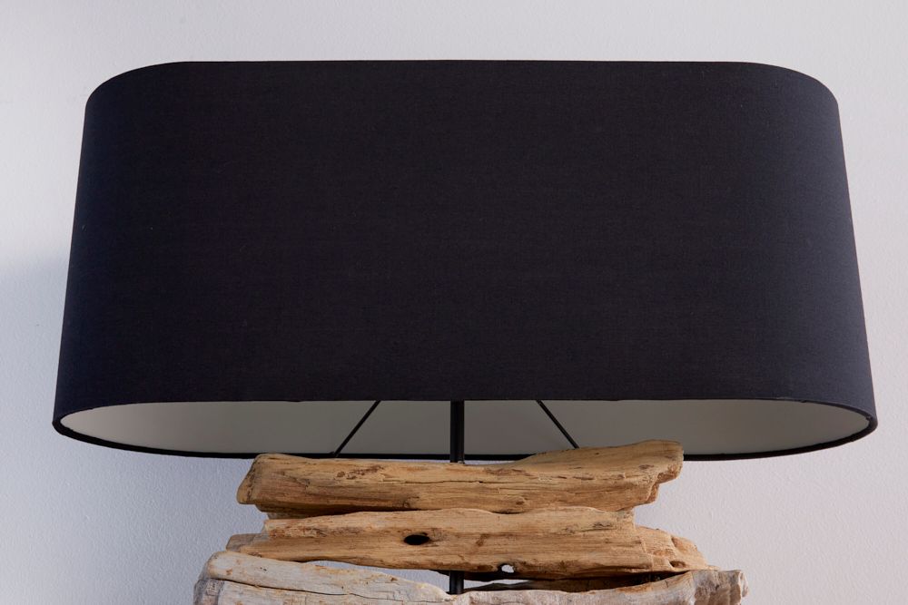 Handgearbeitete Treibholz Lampe RIVERINE 55cm schwarz Leinenschirm Tischleuchte
