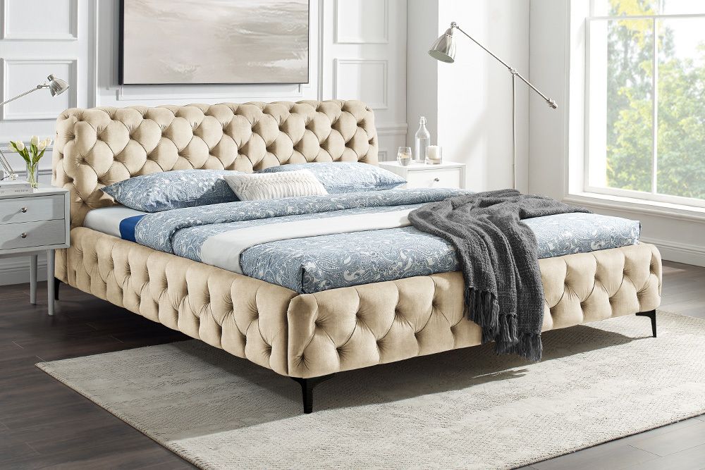 Design Bett MODERN BAROCK 180x200cm champagner Samt Chesterfield Doppelbett
