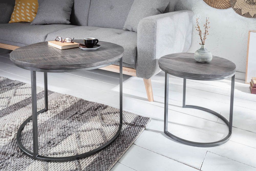 Industrial 2er Set Beistelltische ELEMENTS 60cm grau Mangoholz massiv rund schwarz Metall