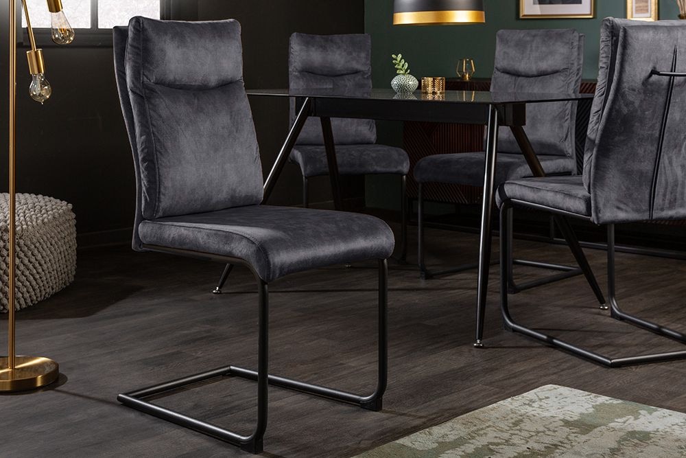 Moderner Freischwinger Stuhl COMFORT grau Samt mit Komfortgriff
