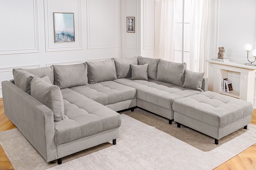 Moderne XXL Wohnlandschaft KENT 305cm greige Cord Bigsofa inkl. Hocker Federkern