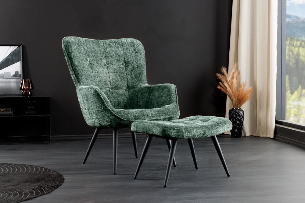 Design Sessel SCANDINAVIA grün Chenille Cremona schwarz Metall mit Armlehne