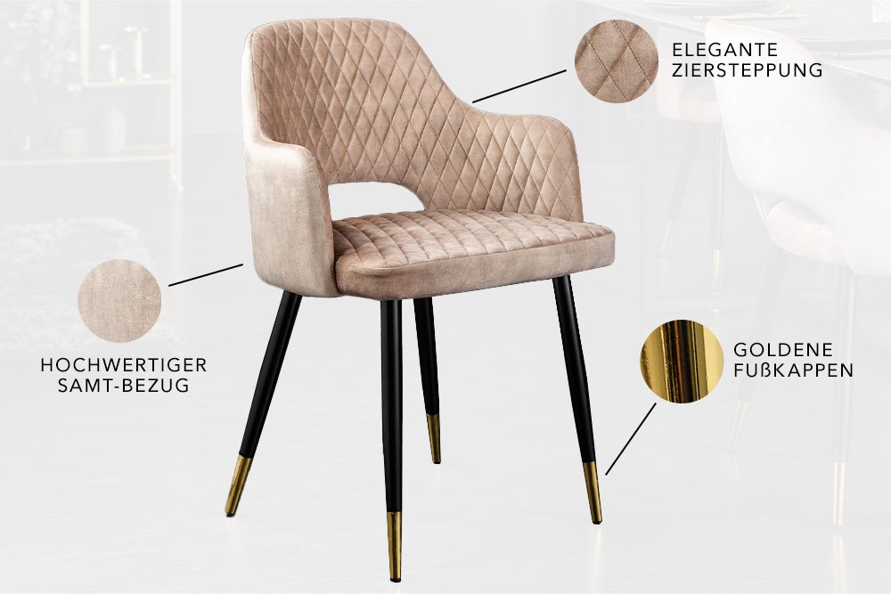 Design Stuhl PARIS greige Samt mit Armlehnen Ziersteppung goldene Fußkappen
