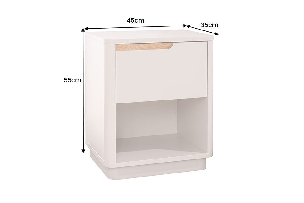 Design Nachtschrank LIV 55cm cashmere weiß mit Schublade und offenem Fach