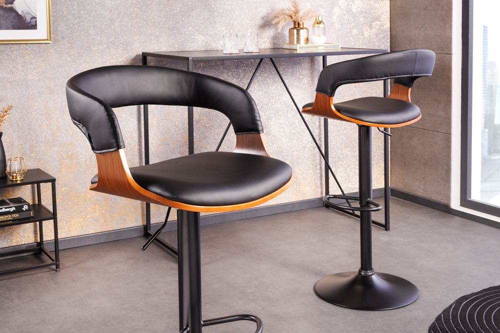 Retro Barhocker MANHATTAN schwarz Kunstleder Walnussholz drehbar höhenverstellbar