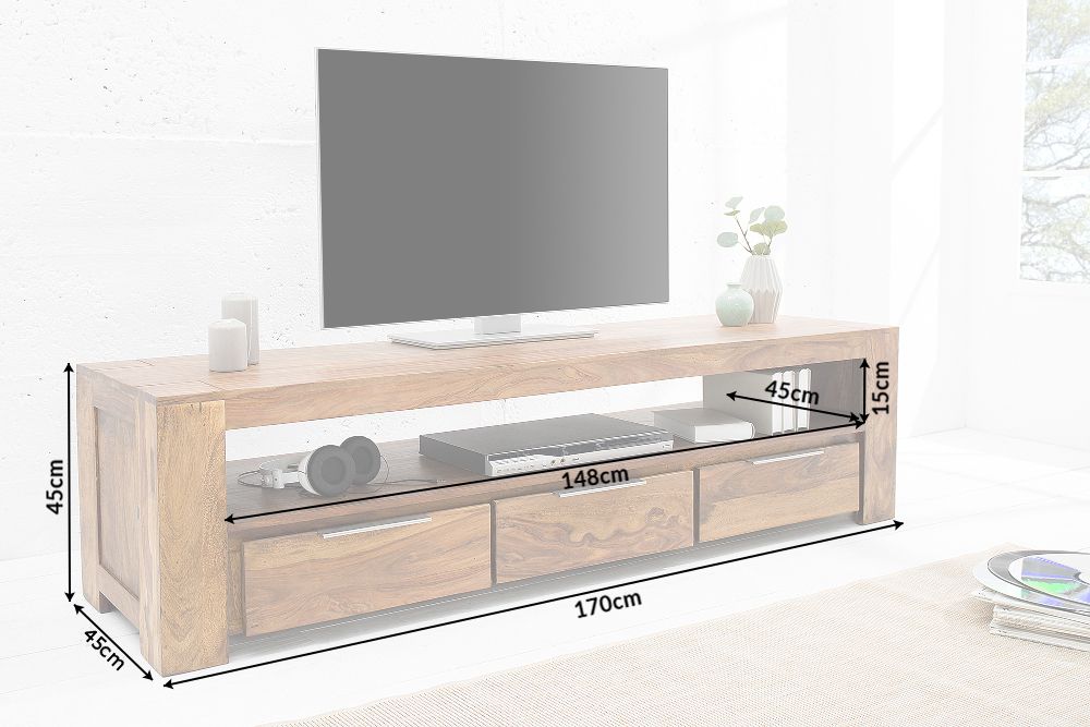 Massives TV-Board MAKASSAR 170cm braun Sheesham stone finish Lowboard drei Schubladen