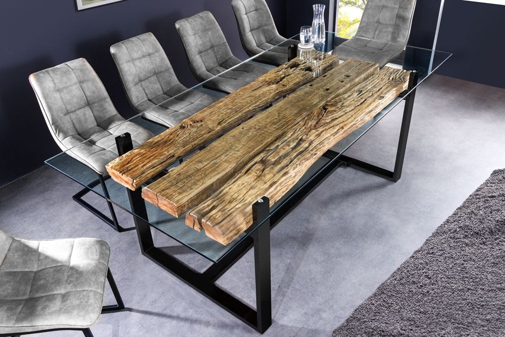 Design Glas Esstisch BARRACUDA 220cm natur Teak Massivholz schwarz Kufengestell