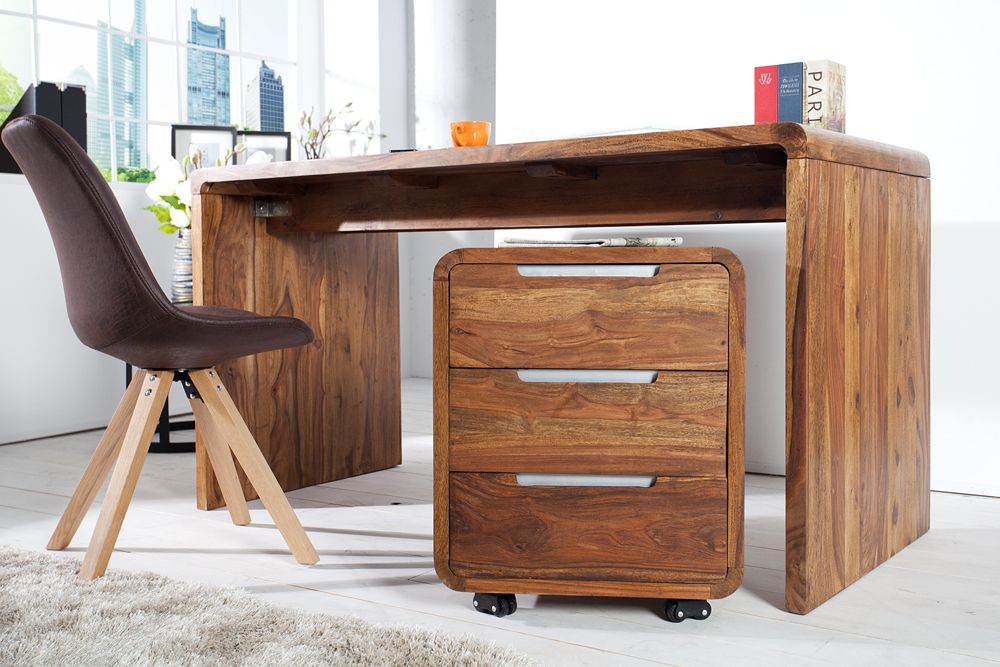 Massivholz Bürotisch CUBUS 120cm braun Sheeshamholz stone finish Schreibtisch