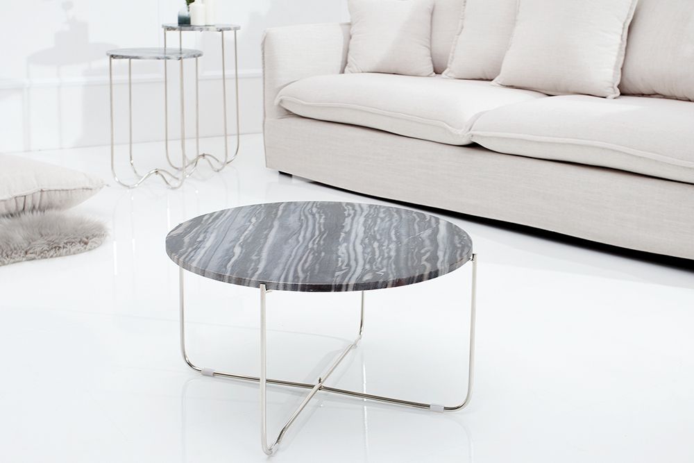 Exklusiver Couchtisch NOBLE 65cm grau echter Marmor rund silber Metall
