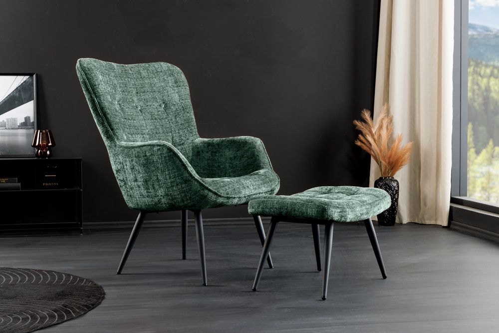 Design Sessel SCANDINAVIA grün Chenille Cremona schwarz Metall mit Armlehne