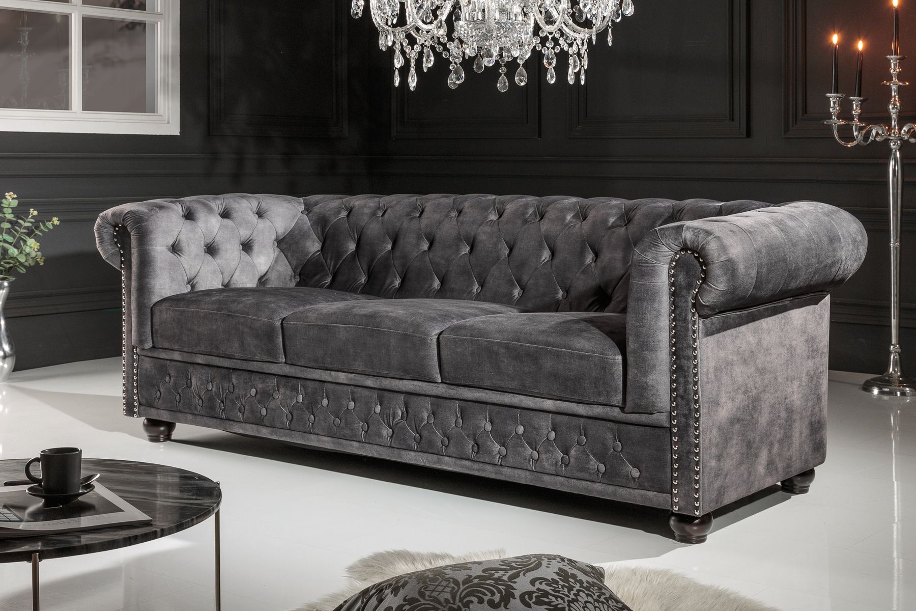 Chesterfield 3-Sitzer Sofa 205cm grau Samt Federkern Knopfheftung