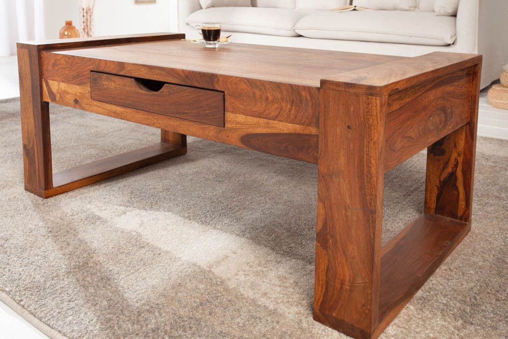 Massivholz Couchtisch MARKANT 100cm braun Sheesham stone finish Schublade Stauraum