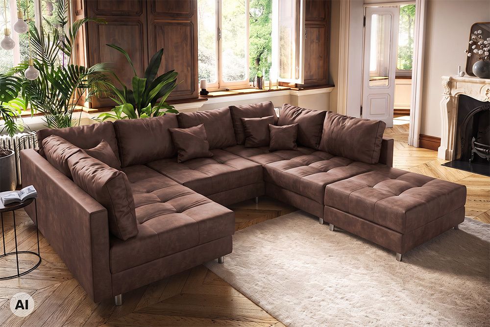 Moderne XXL Wohnlandschaft KENT 305cm antik braun Federkern Bigsofa inkl. Hocker