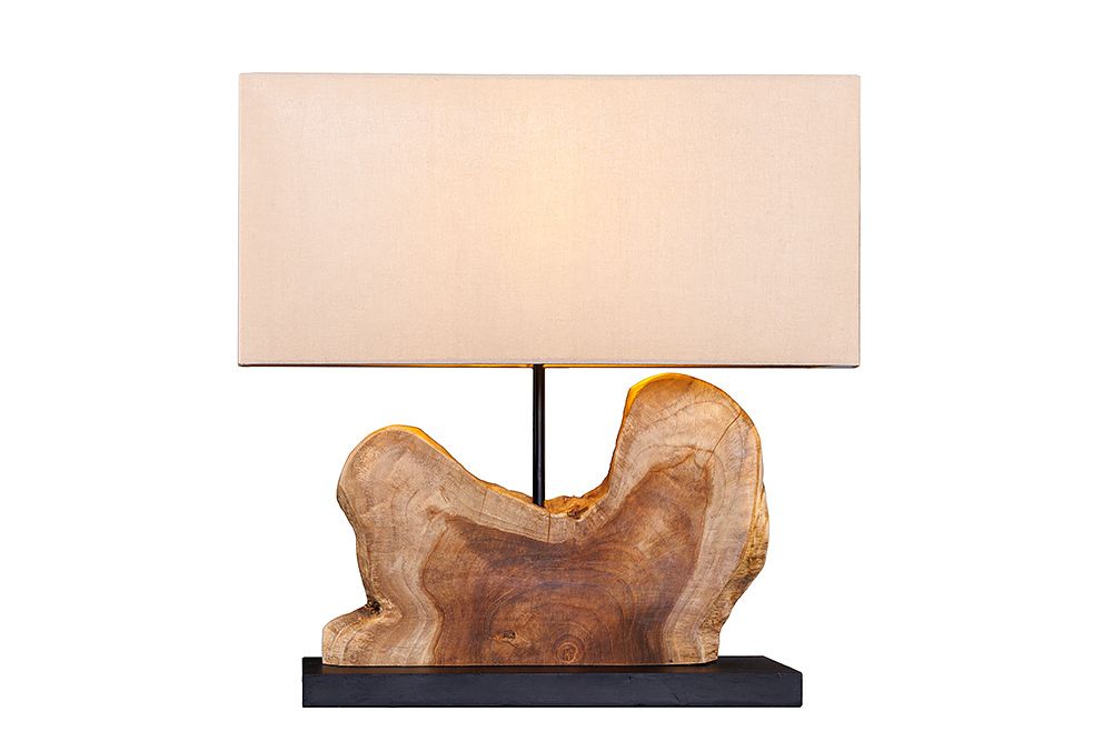 Handgefertigte Tischlampe HYPNOTIC 50cm natur Teakholz beige mit Leinenschirm