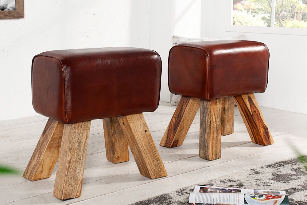 Retro Sitzhocker TURNBOCK 40cm mit Echtleder Bezug Mangoholz Hocker