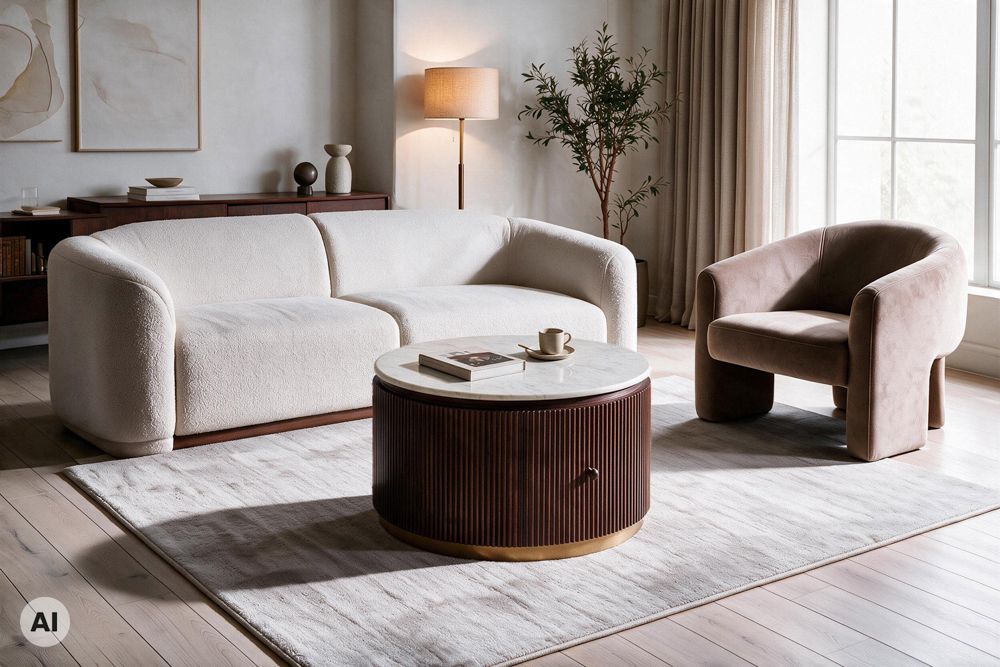 Runder Couchtisch COFFEE TABLE GATSBY 70cm braun weiß Mangoholz Marmor Schublade